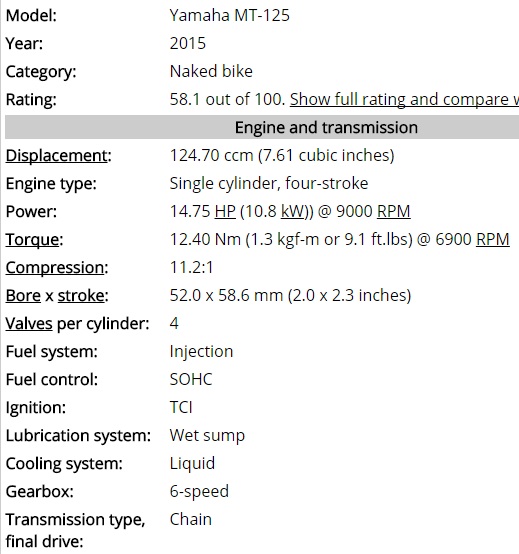 mt125 engine specification